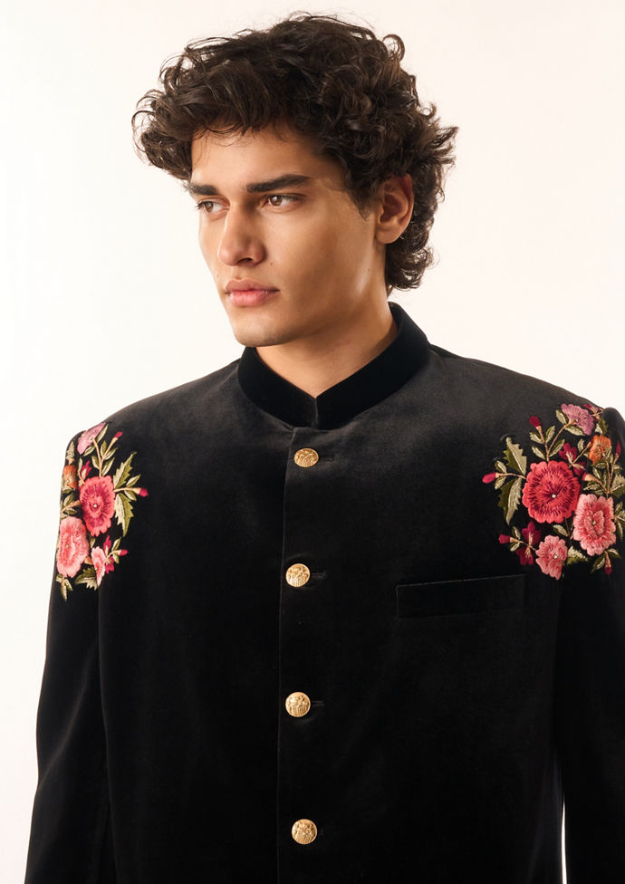 Twamev Men Black Velvet Indo Western with Floral Embroidery