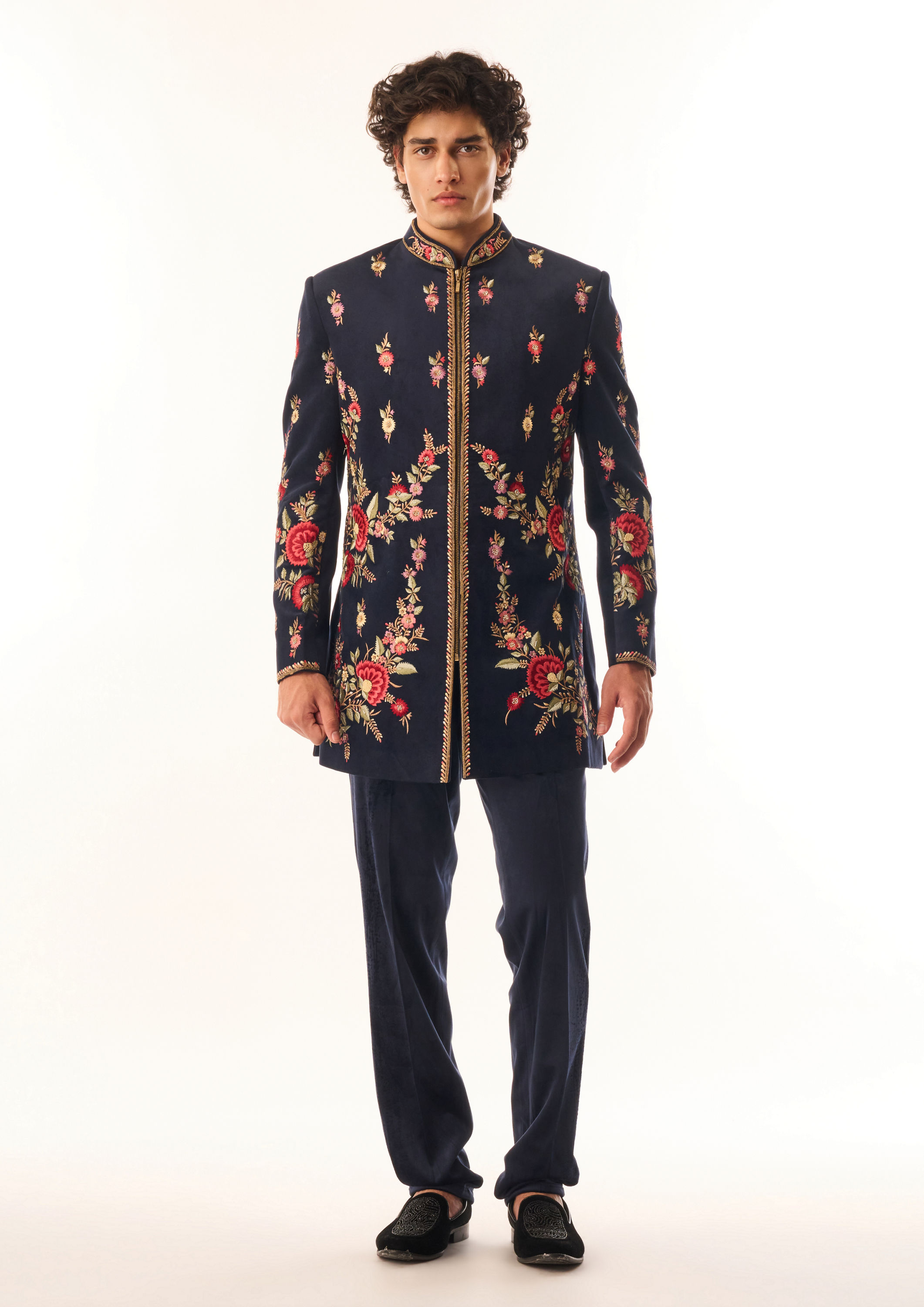 Twamev Men Dark Blue Velvet Indo Western with Embroidery
