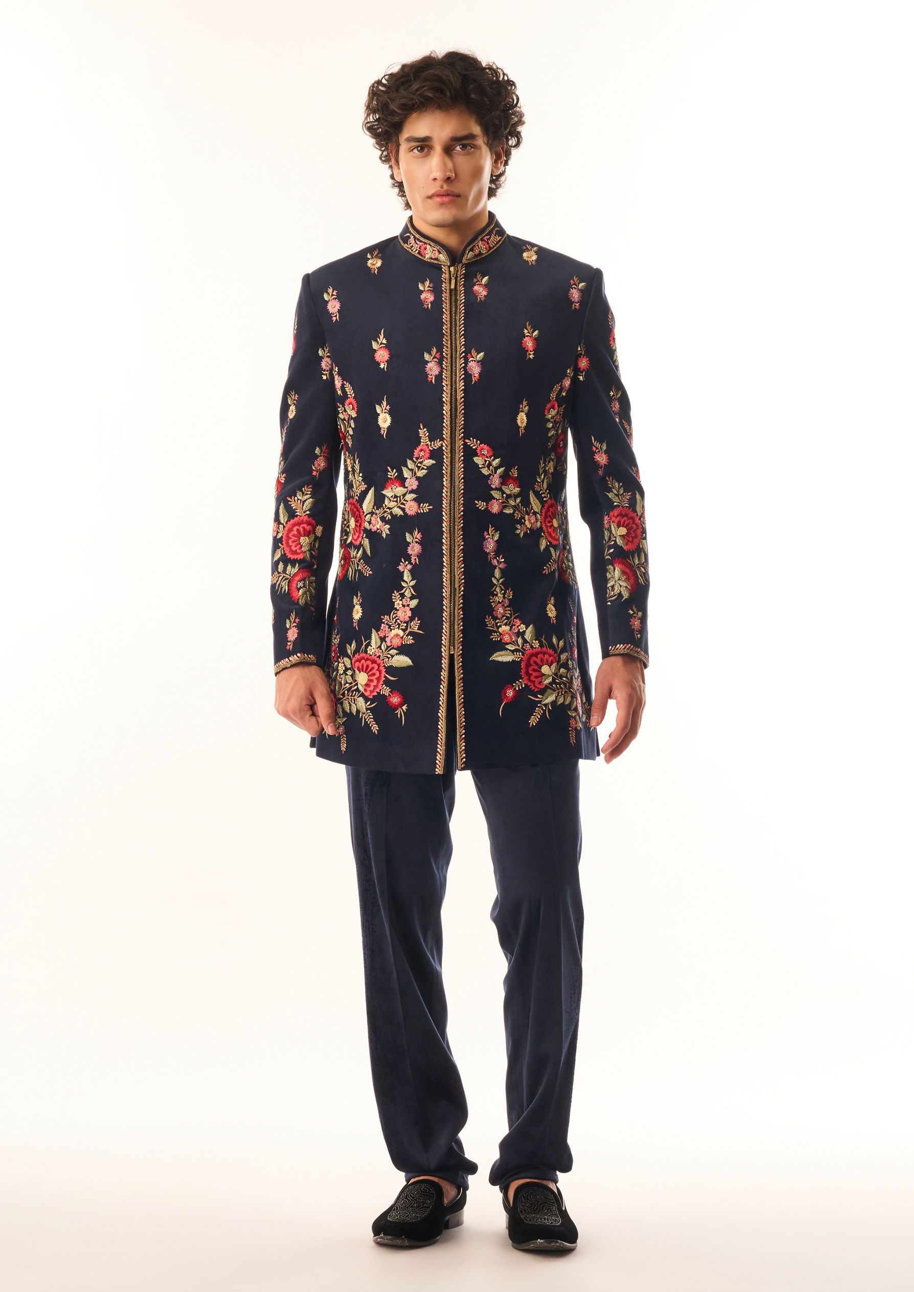 Twamev Men Dark Blue Velvet Indo Western with Embroidery
