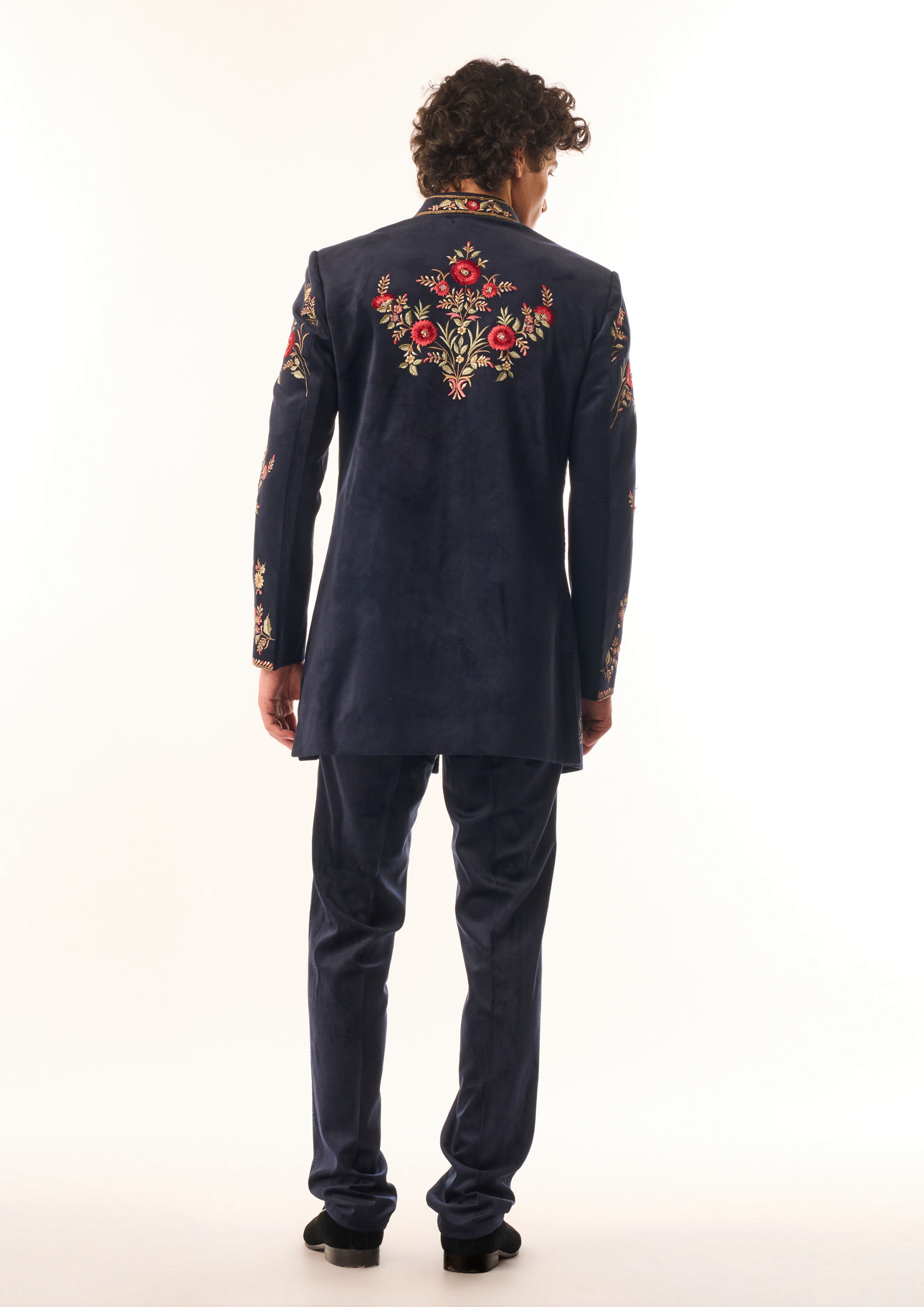Twamev Men Dark Blue Velvet Indo Western with Embroidery