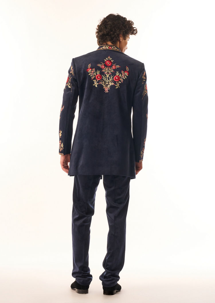 Twamev Men Dark Blue Velvet Indo Western with Embroidery