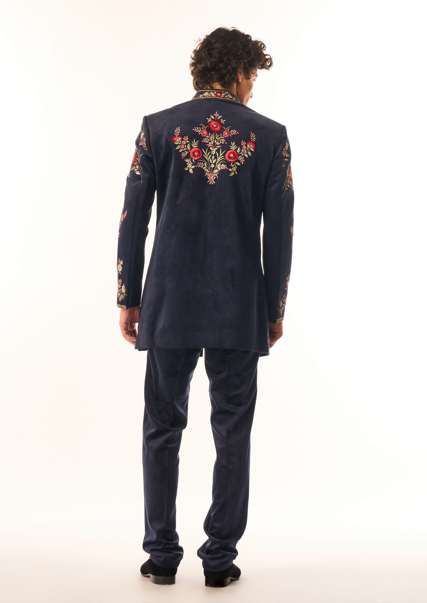 Twamev Men Dark Blue Velvet Indo Western with Embroidery