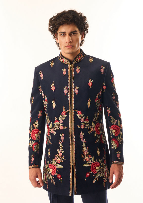 Twamev Men Dark Blue Velvet Indo Western with Embroidery