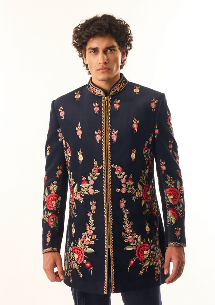 Twamev Men Dark Blue Velvet Indo Western with Embroidery