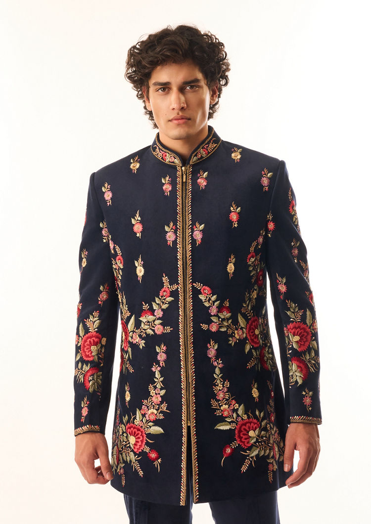 Twamev Men Dark Blue Velvet Indo Western with Embroidery