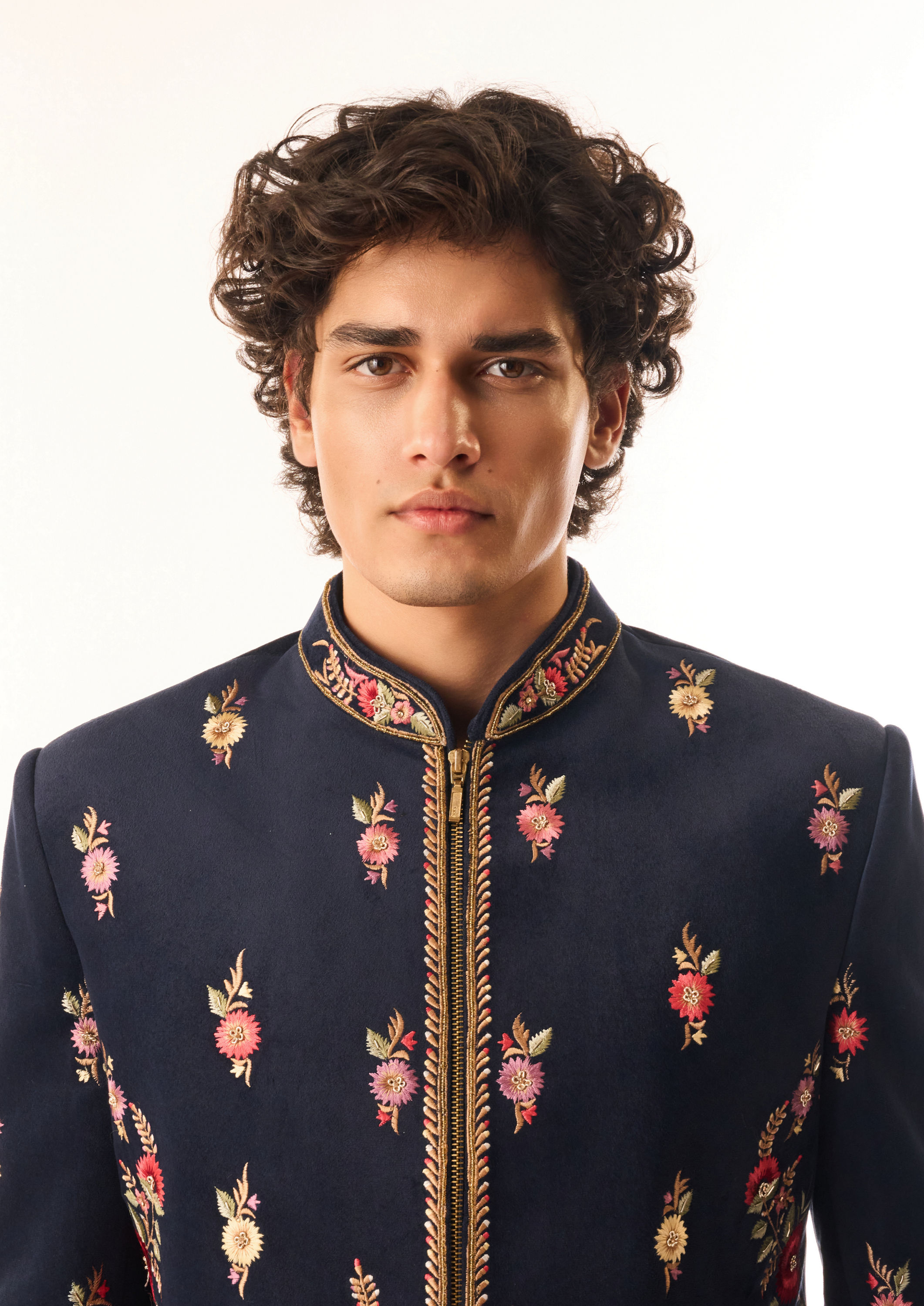 Twamev Men Dark Blue Velvet Indo Western with Embroidery