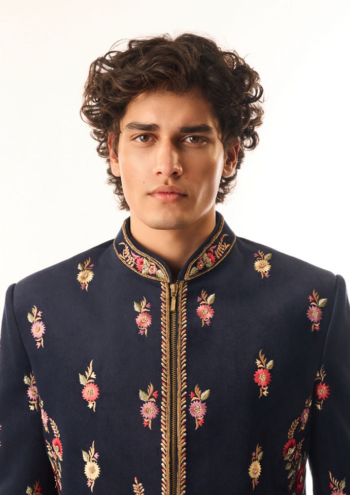 Twamev Men Dark Blue Velvet Indo Western with Embroidery