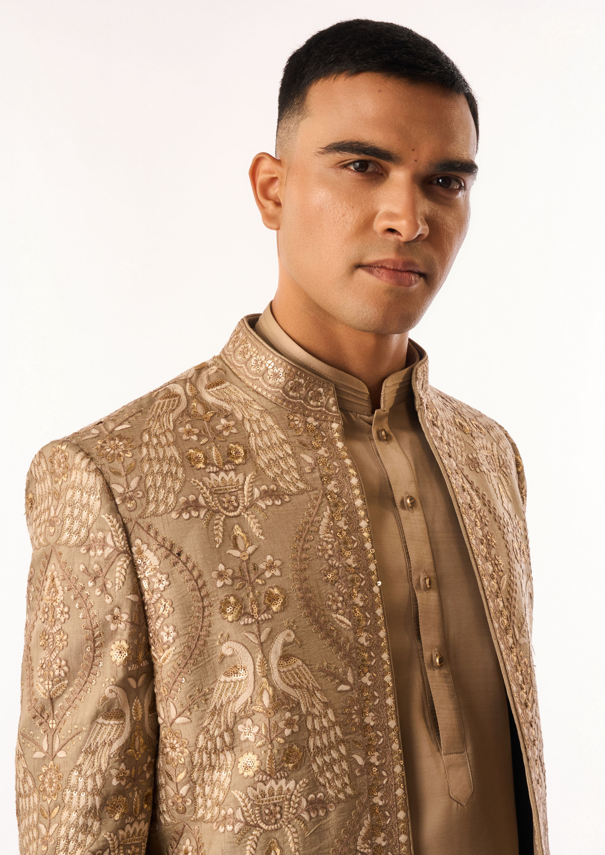Twamev Men Fawn Art Silk Indo Western with Embroidery