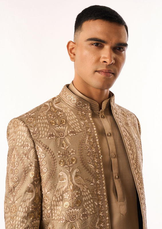 Twamev Men Fawn Art Silk Indo Western with Embroidery
