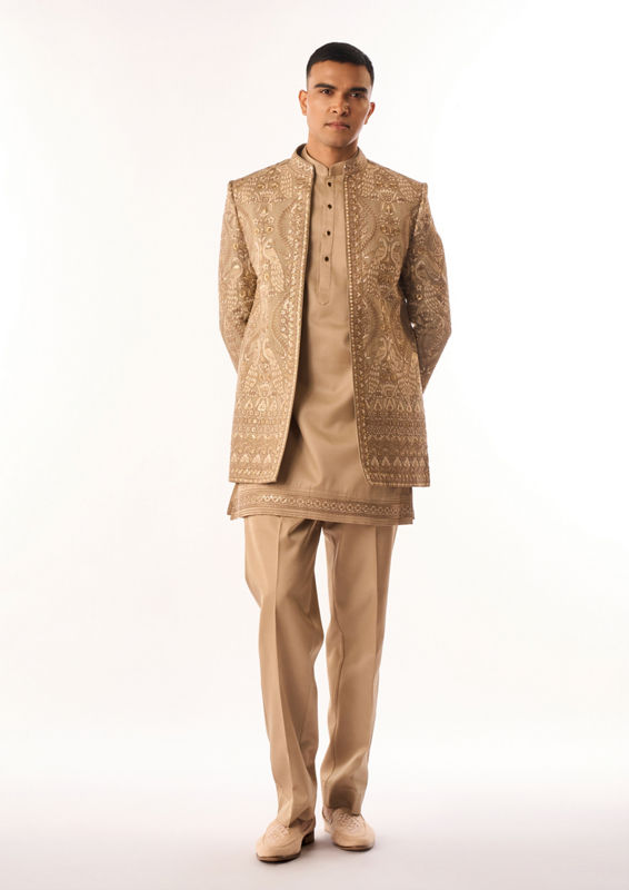 Twamev Men Fawn Art Silk Indo Western with Embroidery