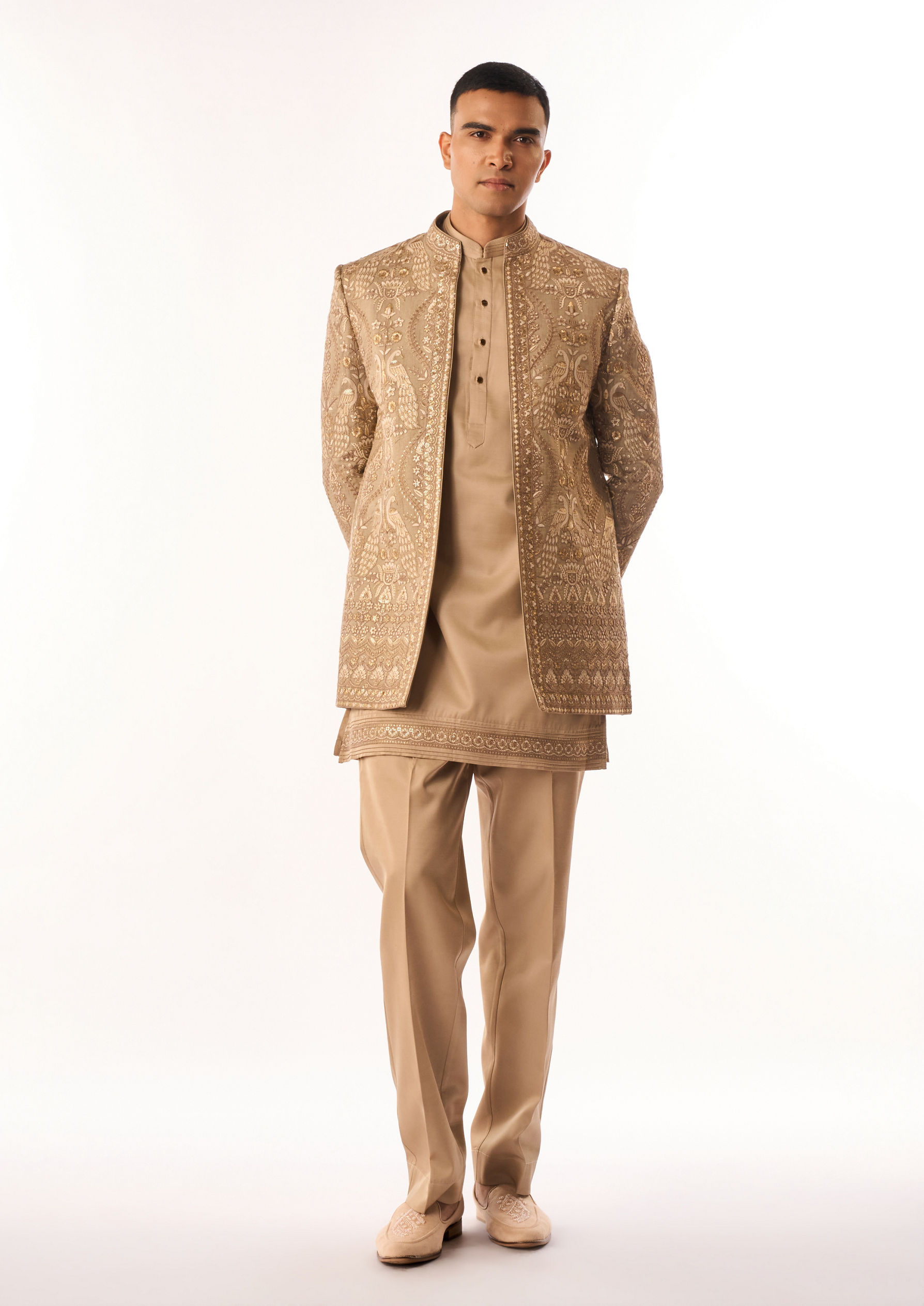 Twamev Men Fawn Art Silk Indo Western with Embroidery