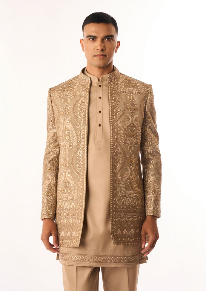 Twamev Men Fawn Art Silk Indo Western with Embroidery