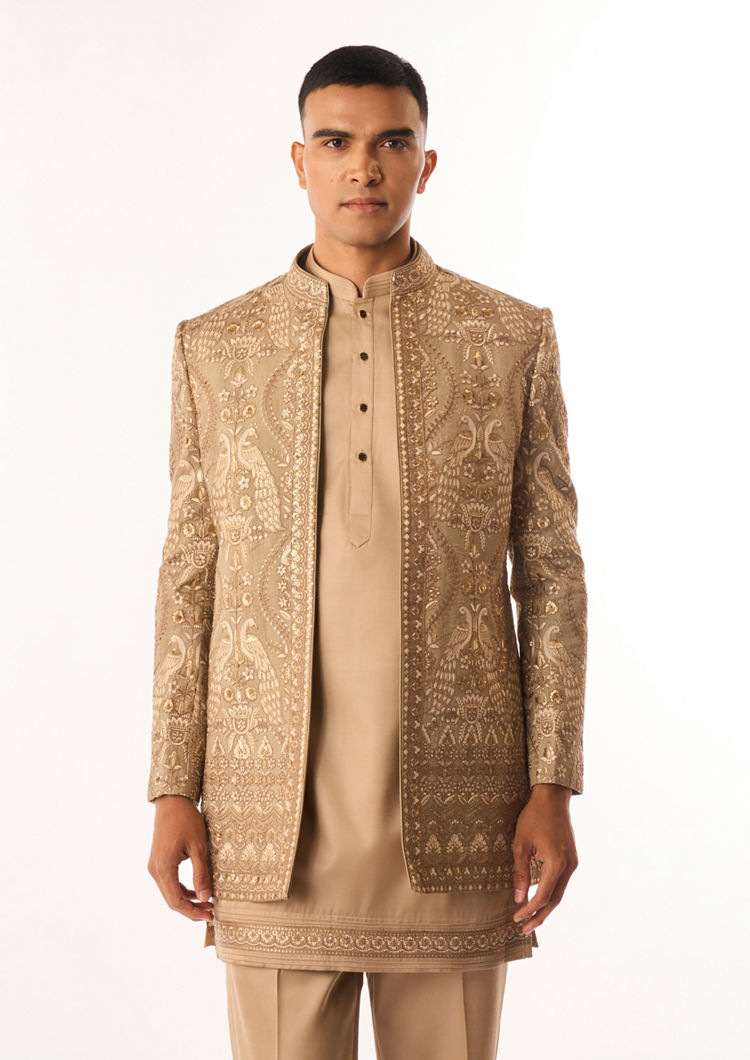 Twamev Men Fawn Art Silk Indo Western with Embroidery