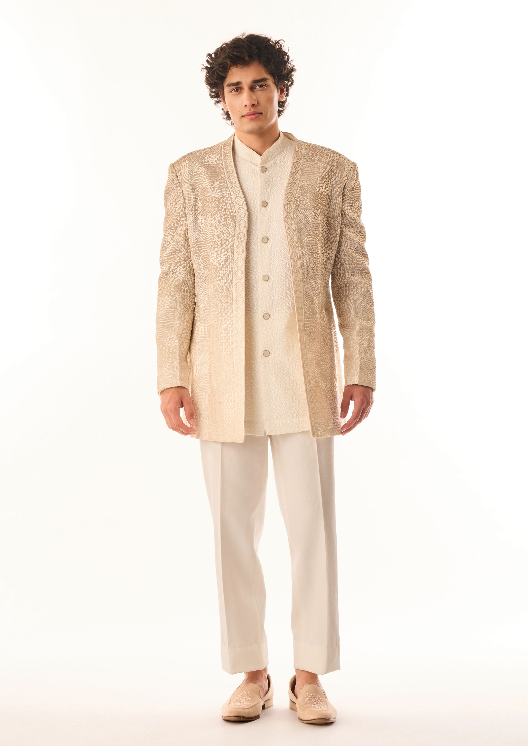 Twamev Men Fawn Georgette Indo Western with Embroidery
