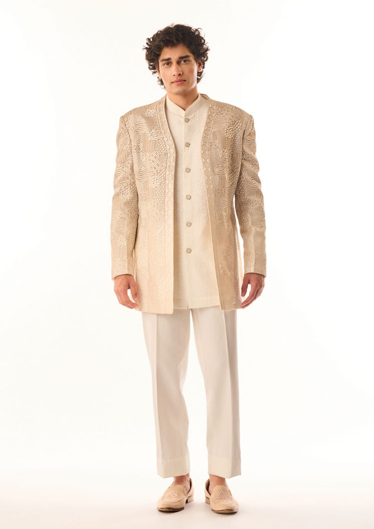 Twamev Men Fawn Georgette Indo Western with Embroidery