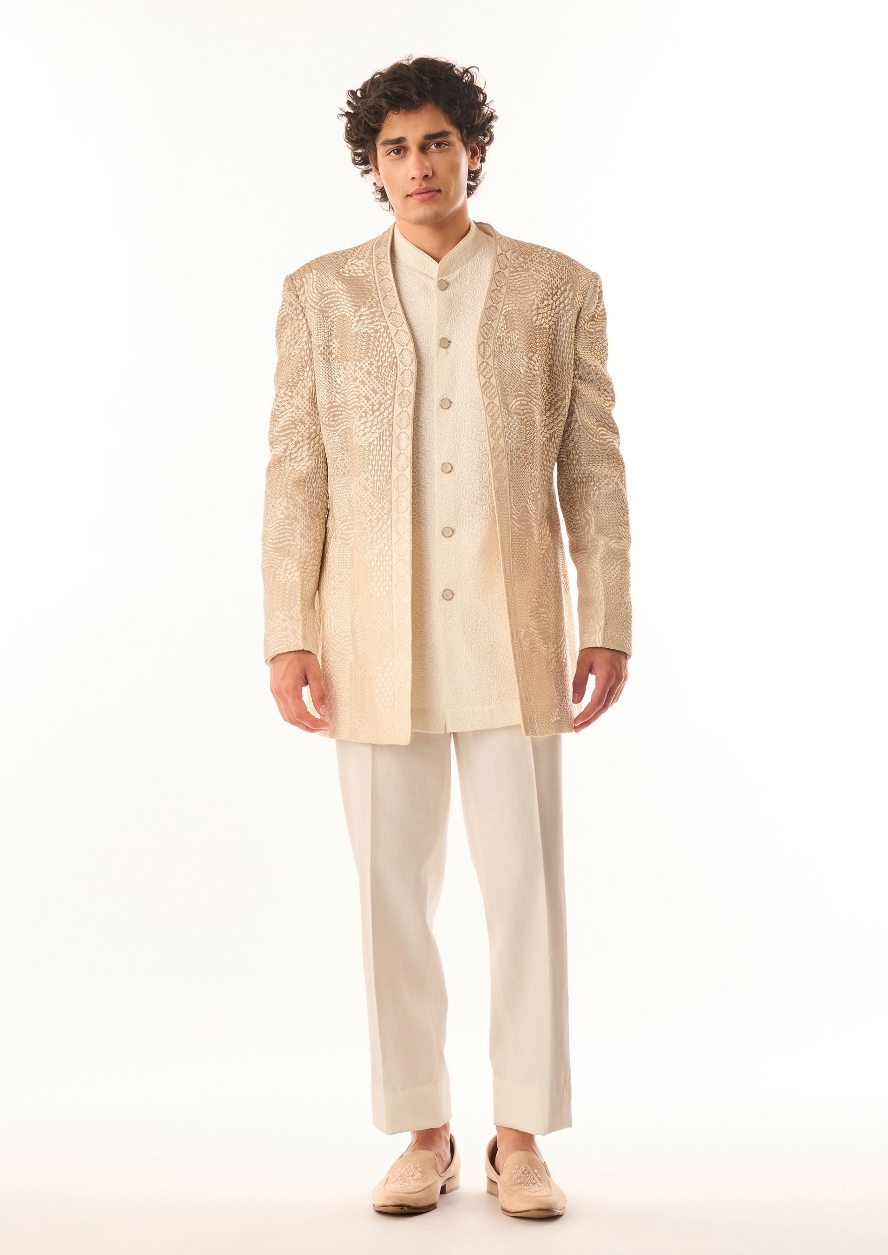 Twamev Men Fawn Georgette Indo Western with Embroidery