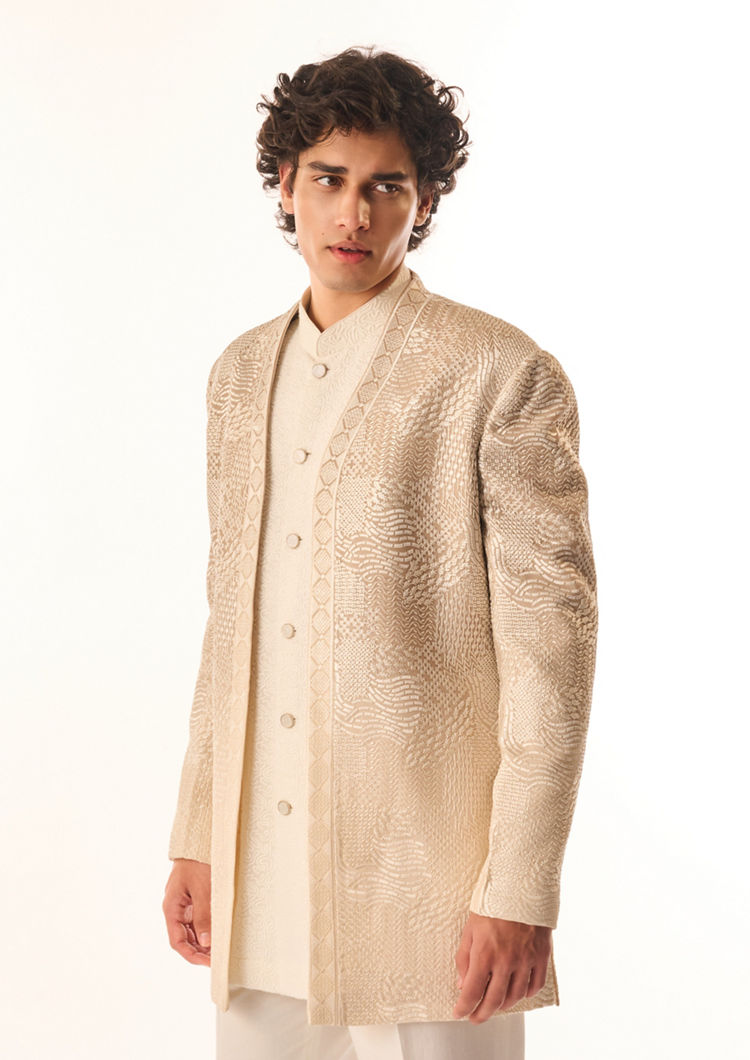 Twamev Men Fawn Georgette Indo Western with Embroidery