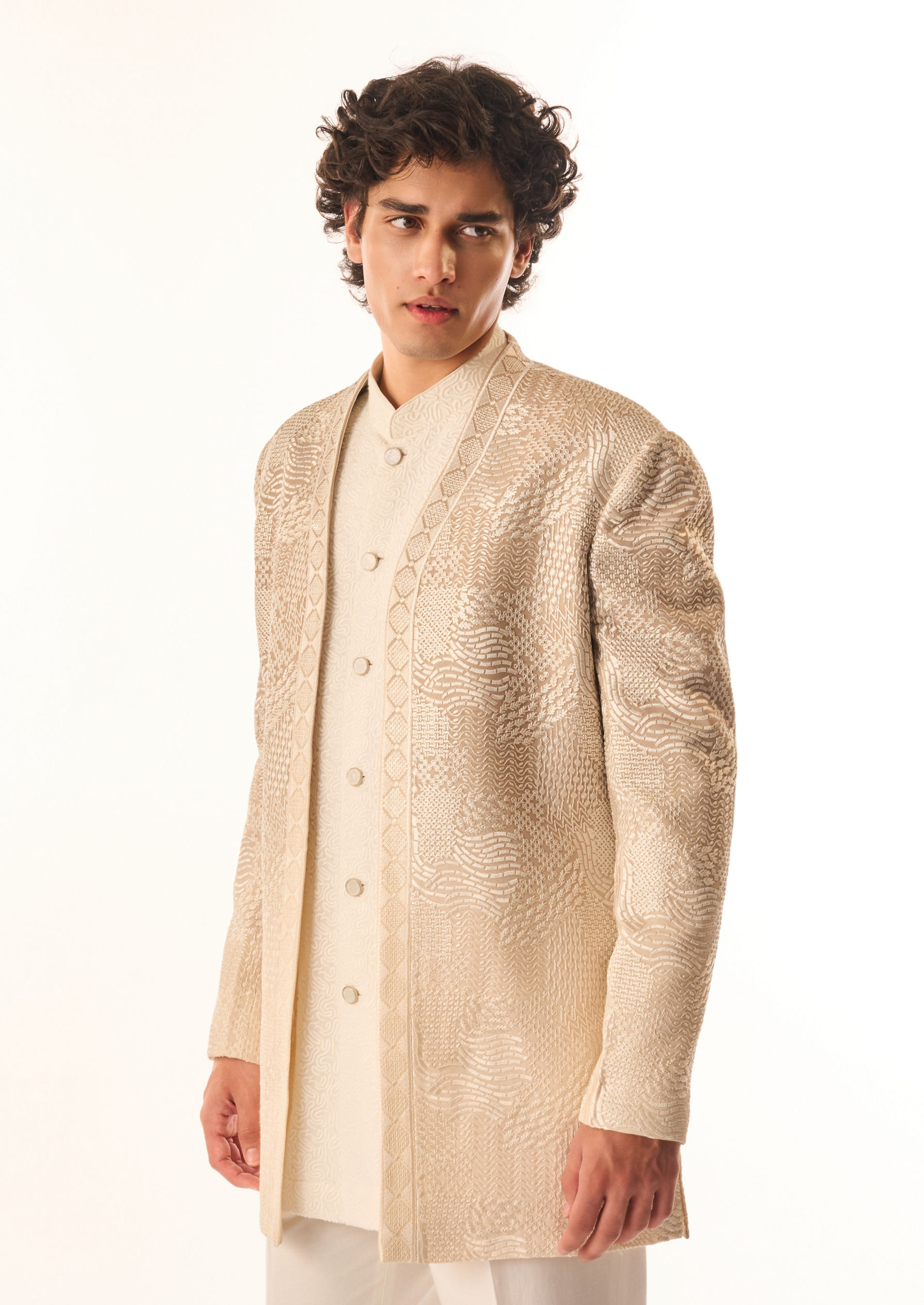 Twamev Men Fawn Georgette Indo Western with Embroidery
