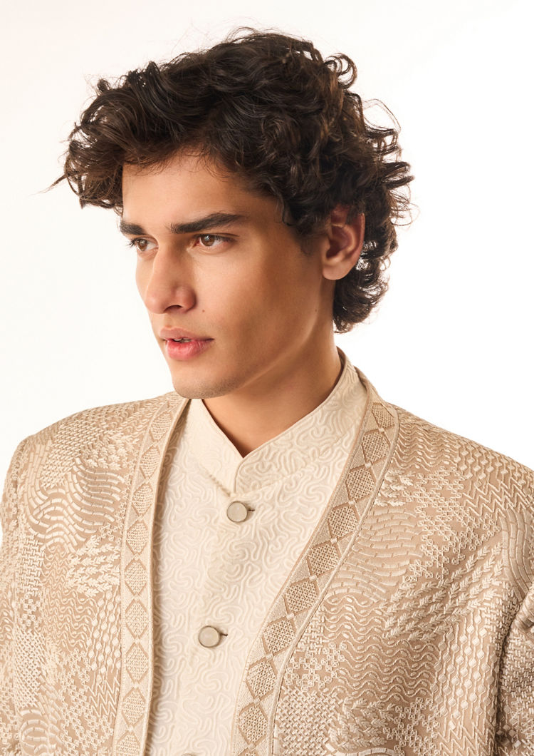 Twamev Men Fawn Georgette Indo Western with Embroidery