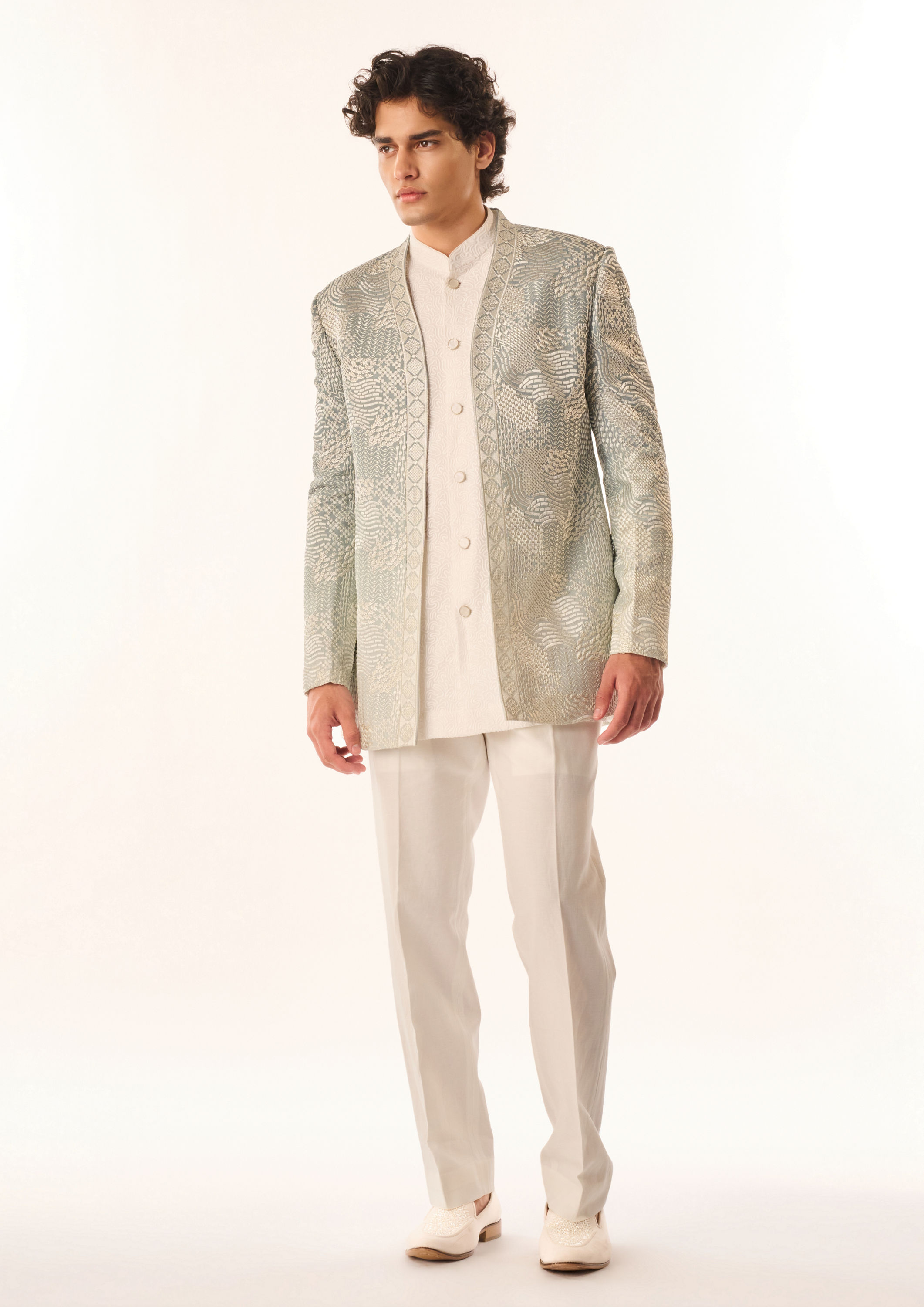 Twamev Men Light Blue Georgette Indo Western with Embroidery