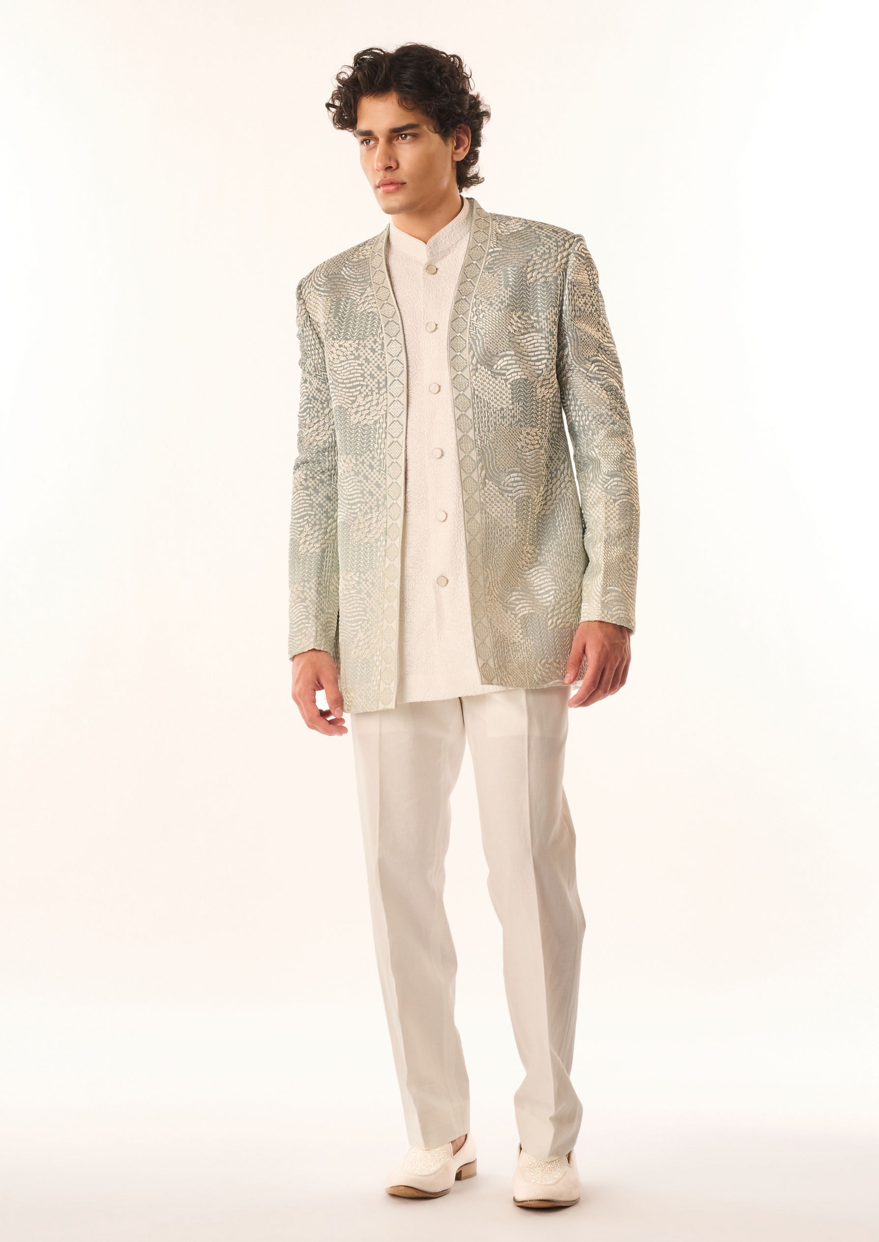 Twamev Men Light Blue Georgette Indo Western with Embroidery