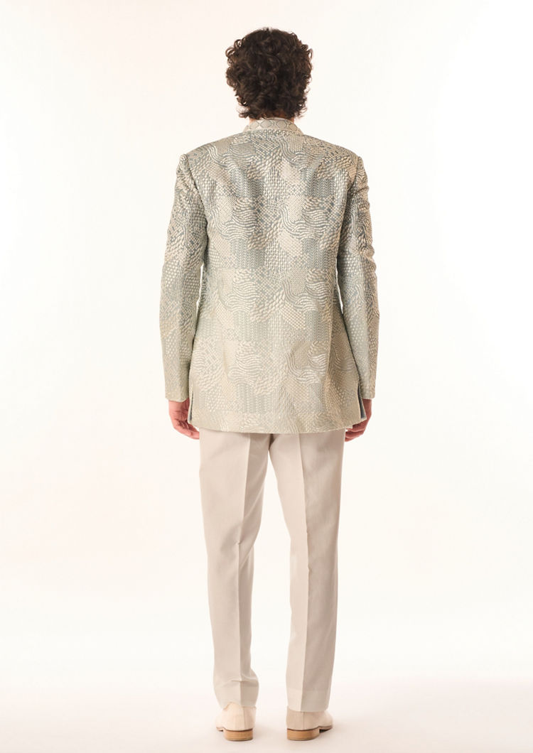 Twamev Men Light Blue Georgette Indo Western with Embroidery