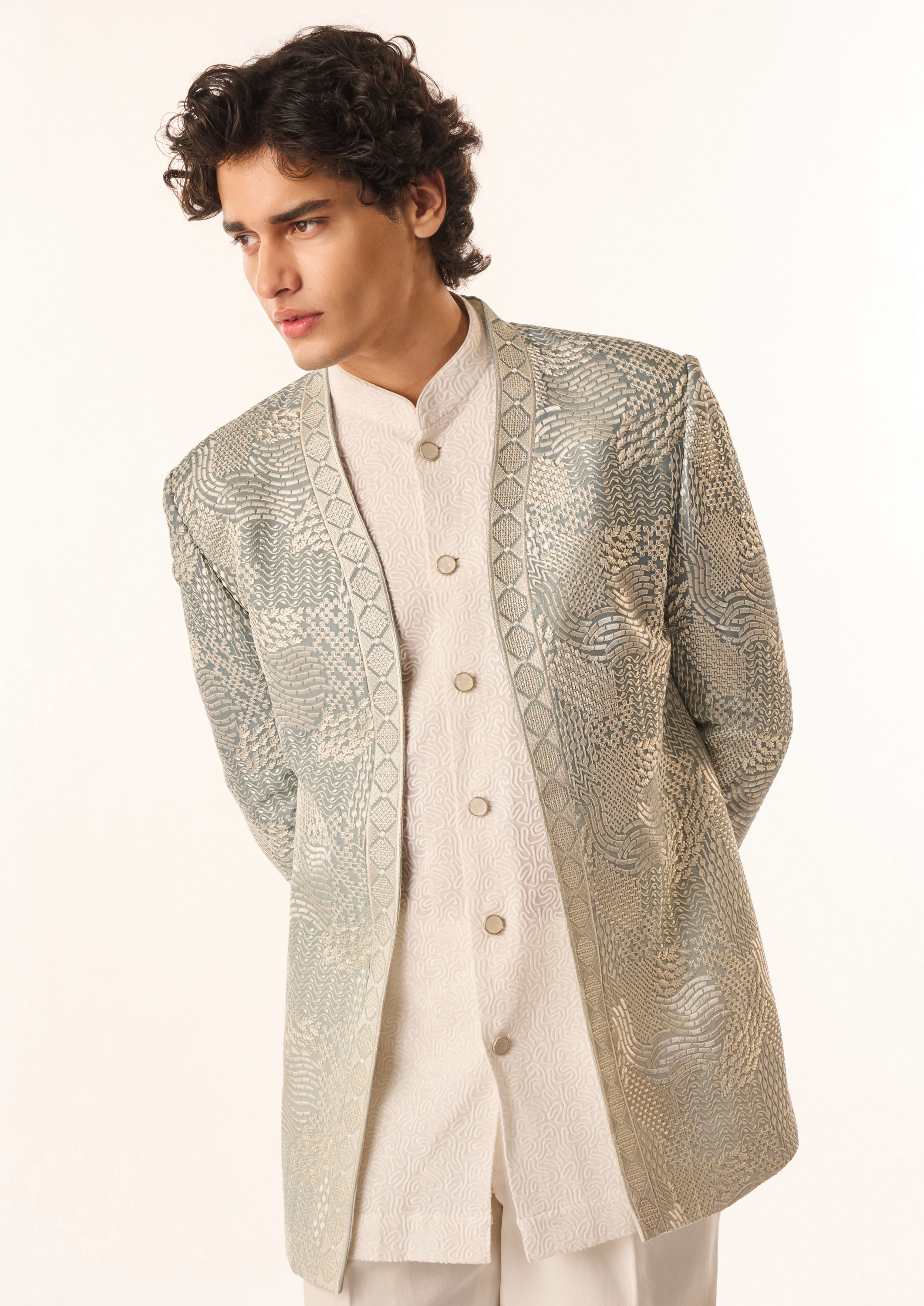 Twamev Men Light Blue Georgette Indo Western with Embroidery