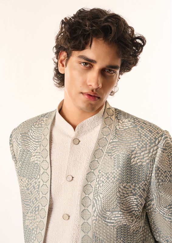 Twamev Men Light Blue Georgette Indo Western with Embroidery