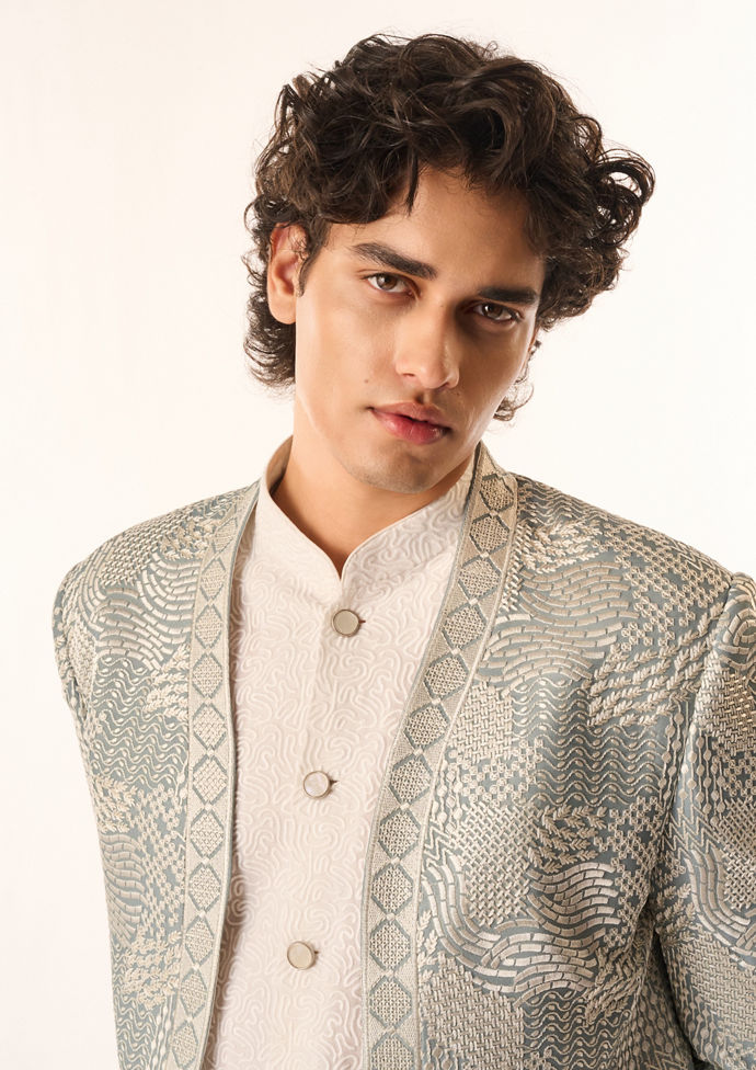 Twamev Men Light Blue Georgette Indo Western with Embroidery