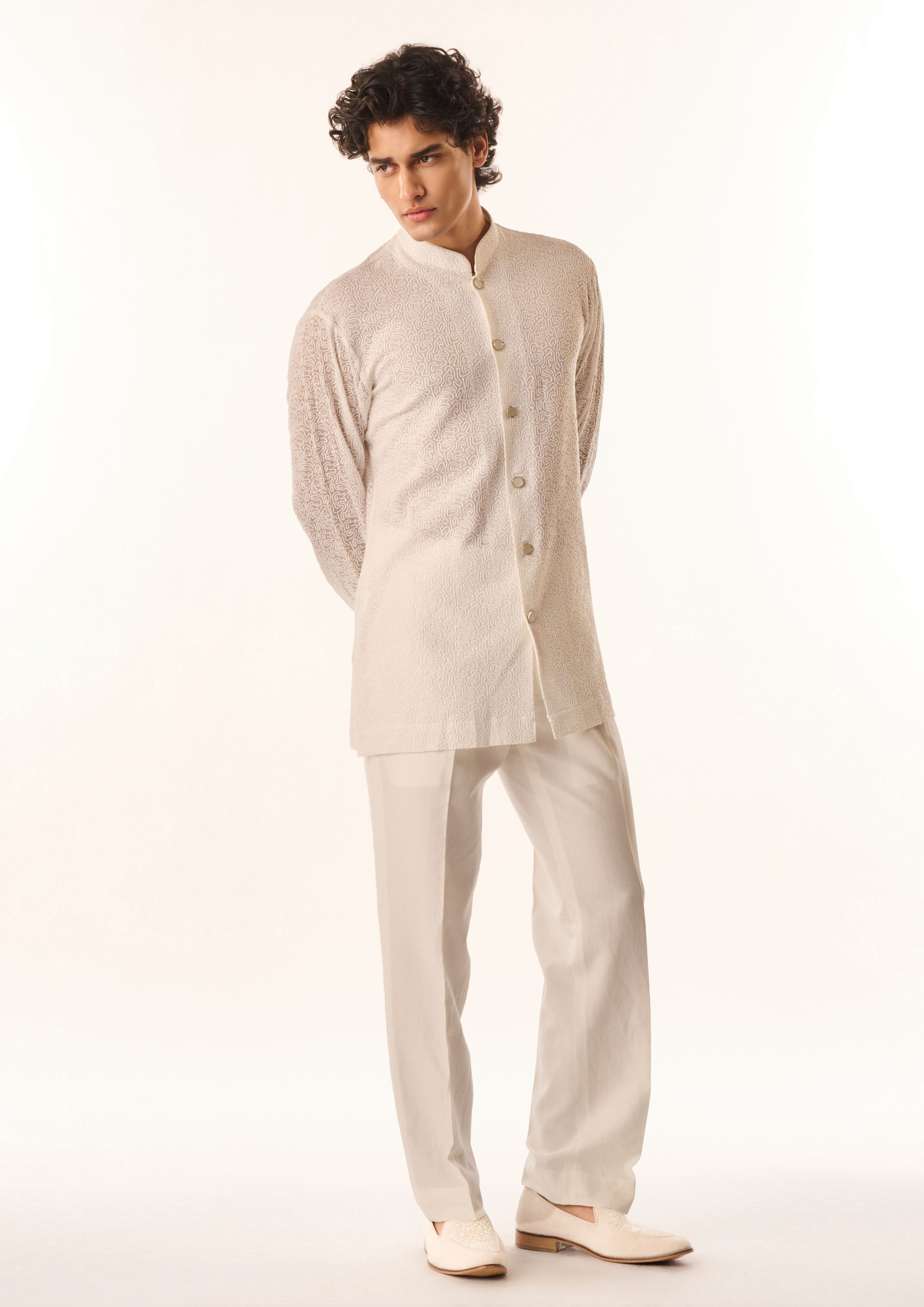 Twamev Men Light Blue Georgette Indo Western with Embroidery