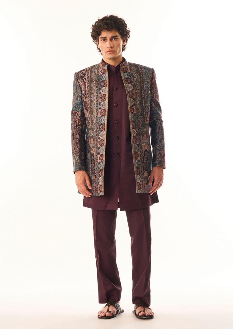 Twamev Men Wine Art Silk Indo Western
