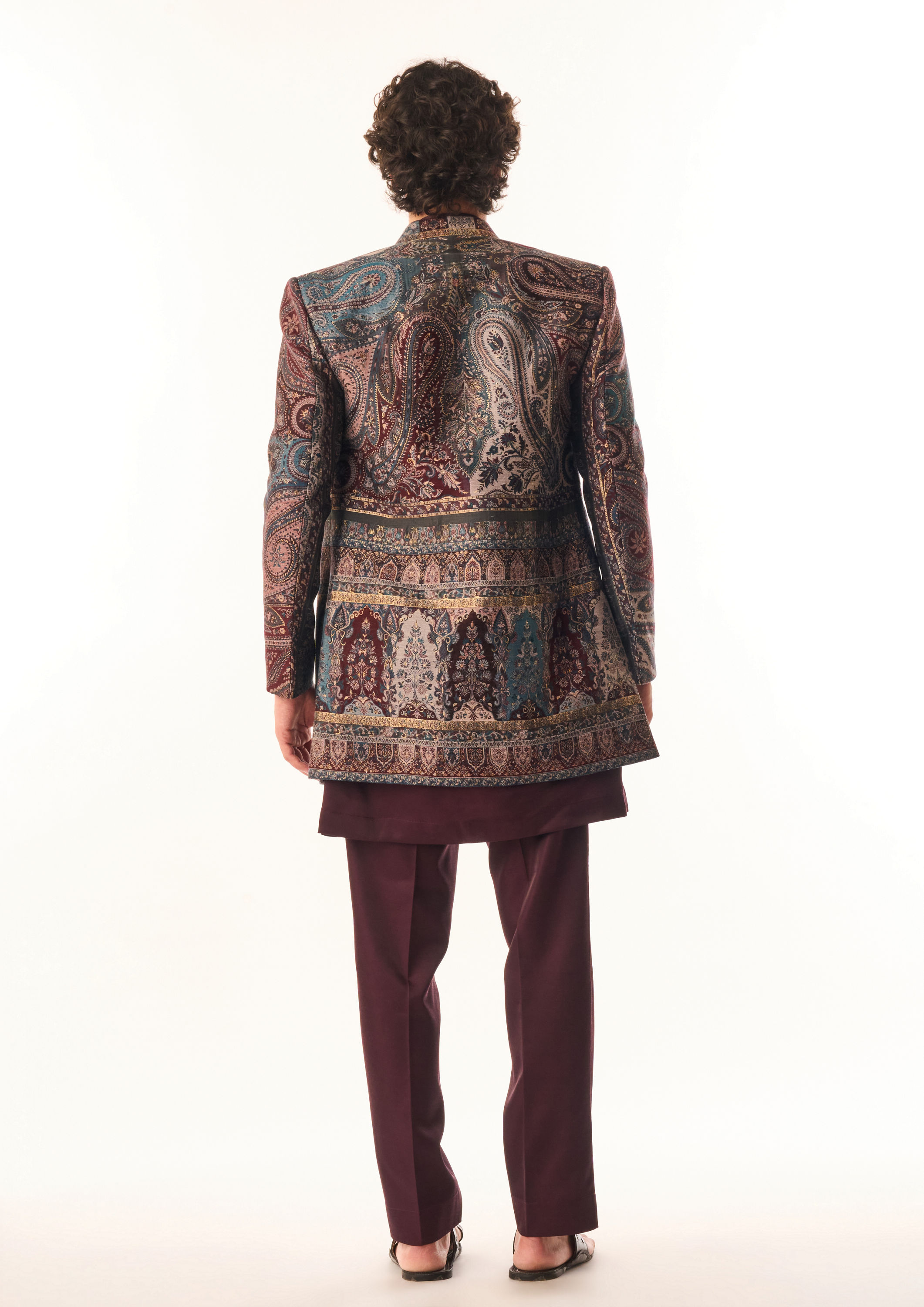 Twamev Men Wine Art Silk Indo Western