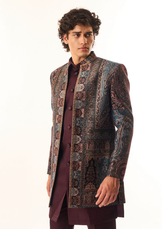Twamev Men Wine Art Silk Indo Western