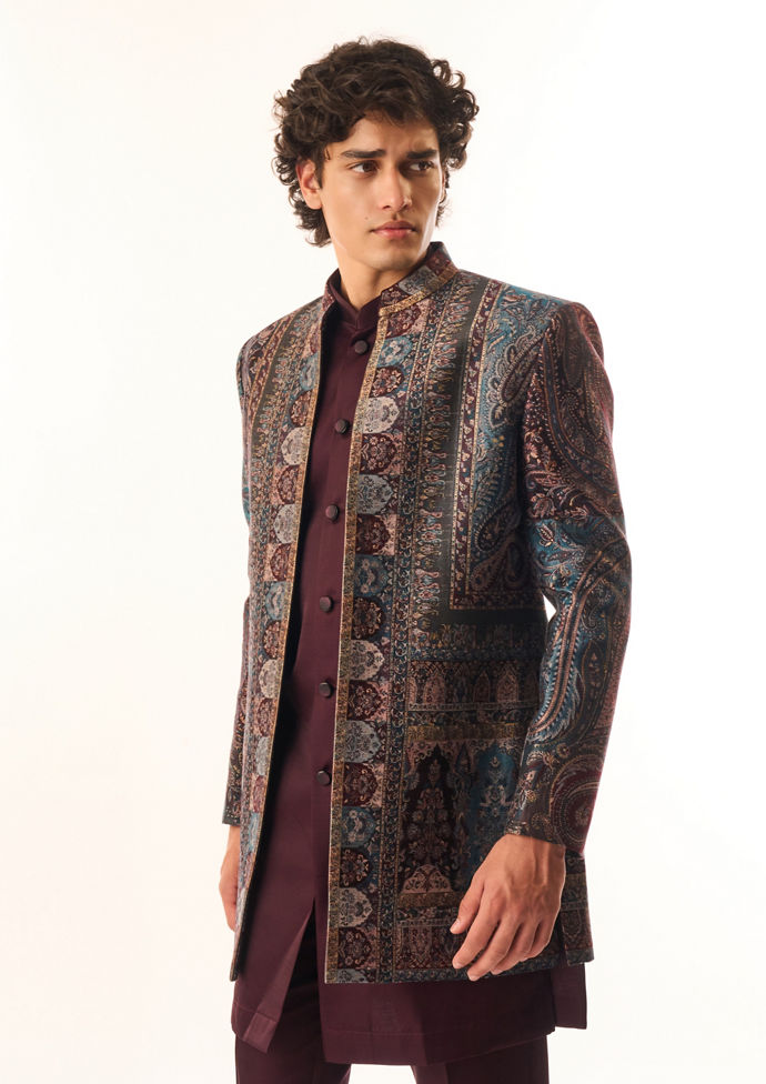 Twamev Men Wine Art Silk Indo Western
