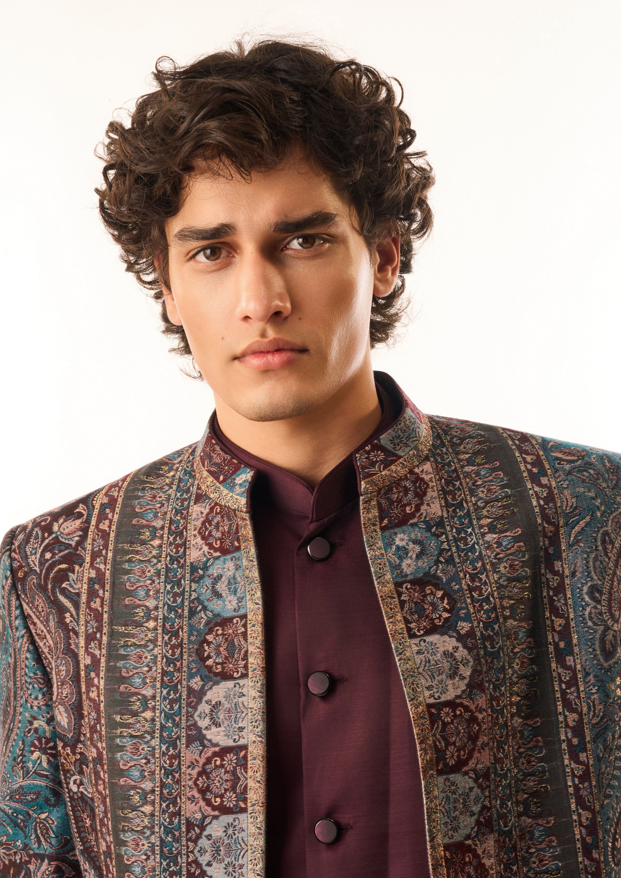 Twamev Men Wine Art Silk Indo Western