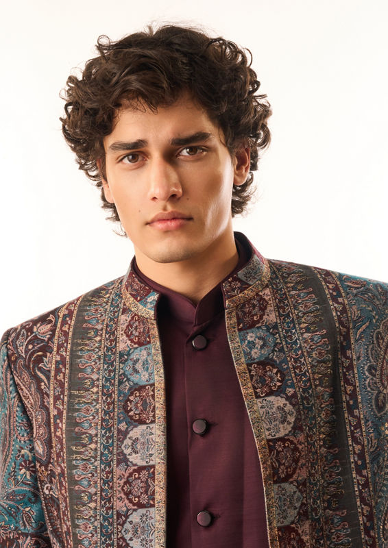 Twamev Men Wine Art Silk Indo Western