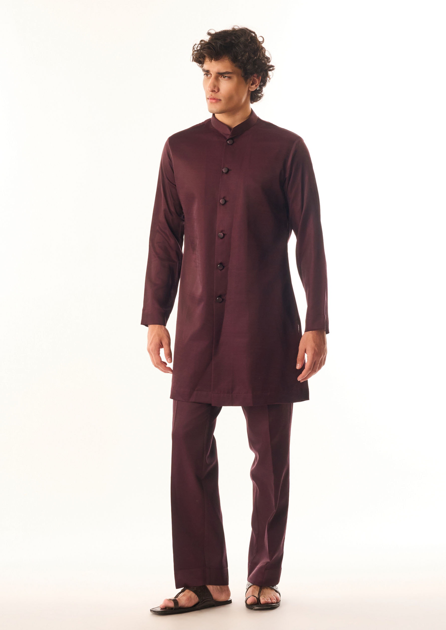 Twamev Men Wine Art Silk Indo Western
