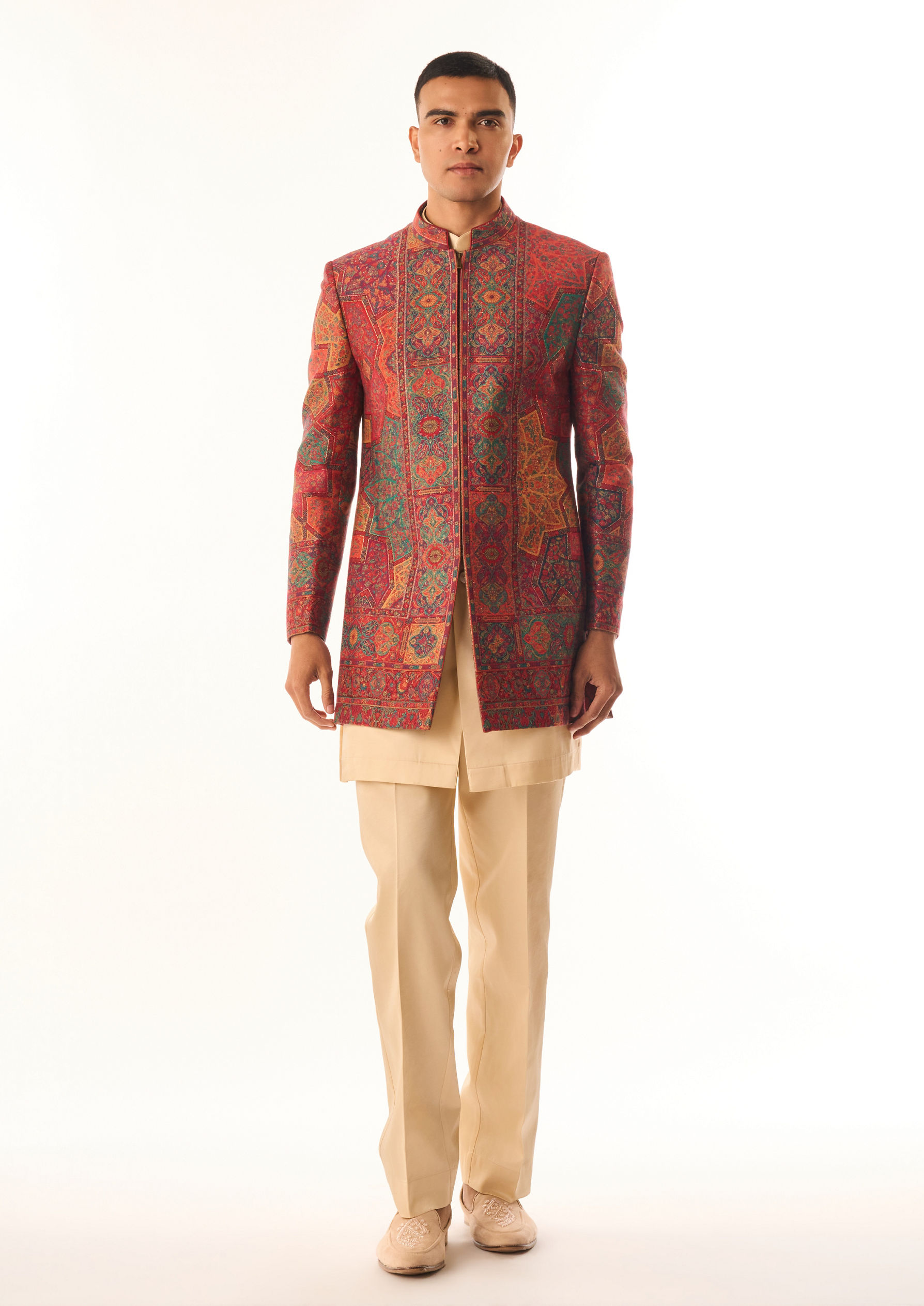 Twamev Men Red Art Silk Indo Western with Embroidery