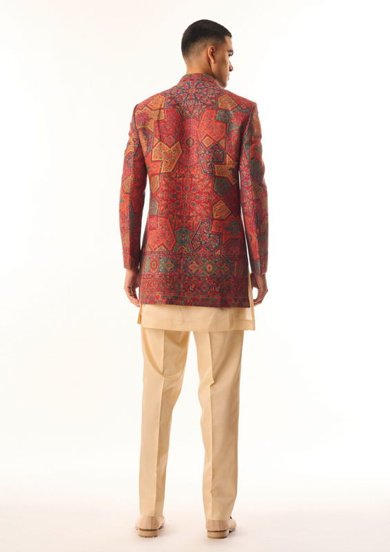 Twamev Men Red Art Silk Indo Western with Embroidery