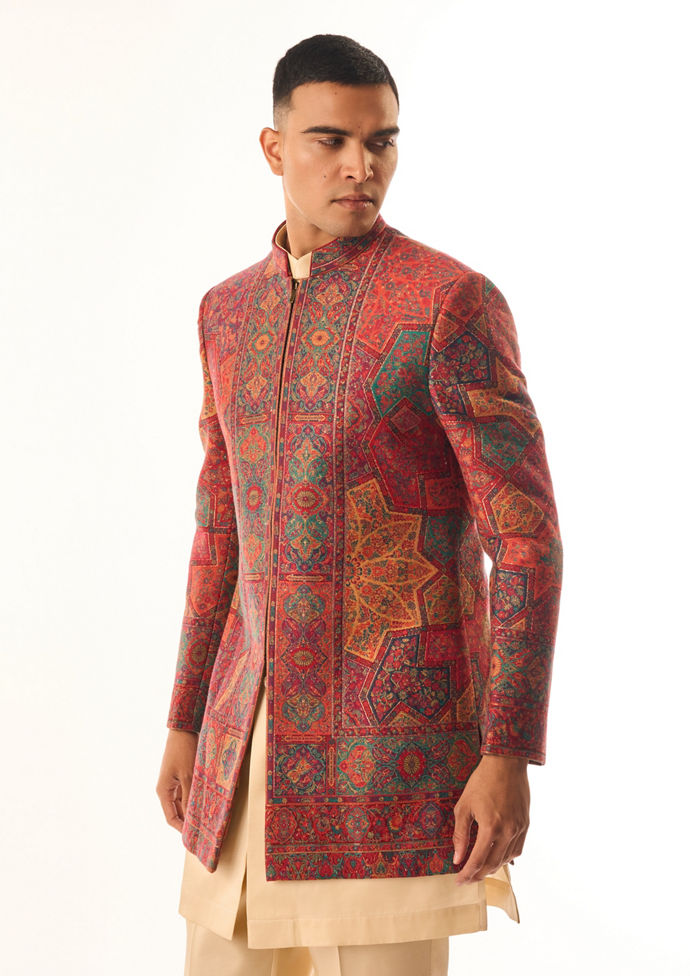 Twamev Men Red Art Silk Indo Western with Embroidery