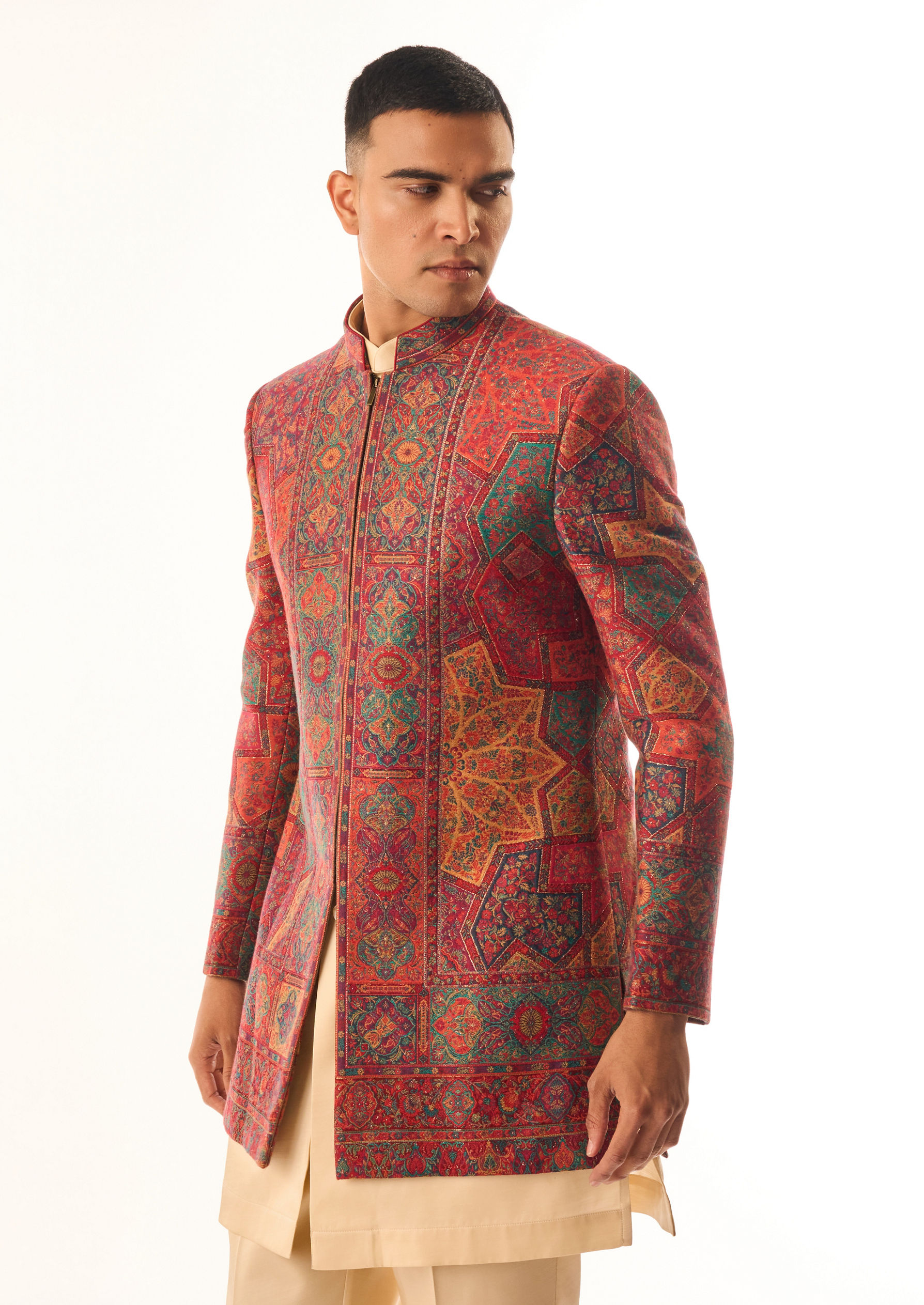 Twamev Men Red Art Silk Indo Western with Embroidery