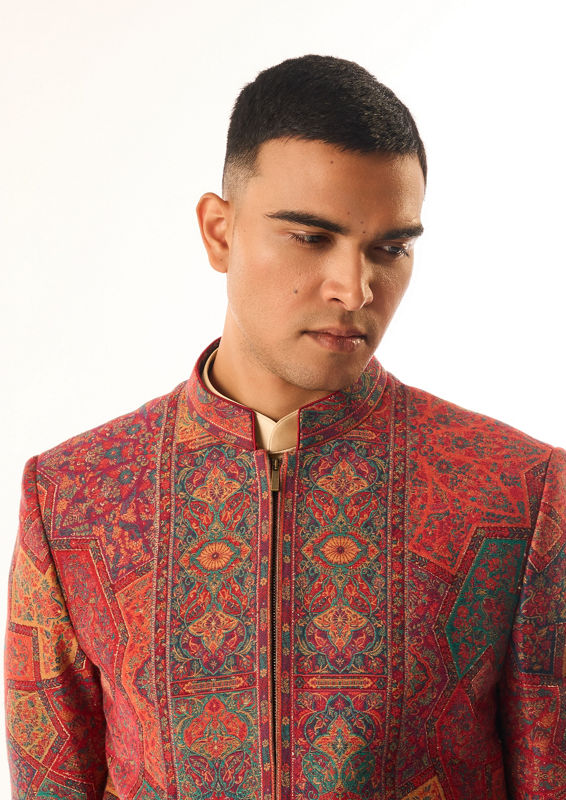 Twamev Men Red Art Silk Indo Western with Embroidery