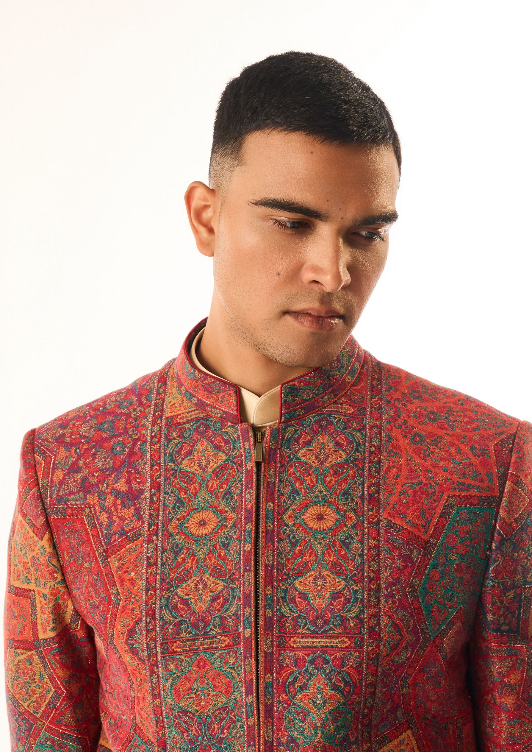 Twamev Men Red Art Silk Indo Western with Embroidery