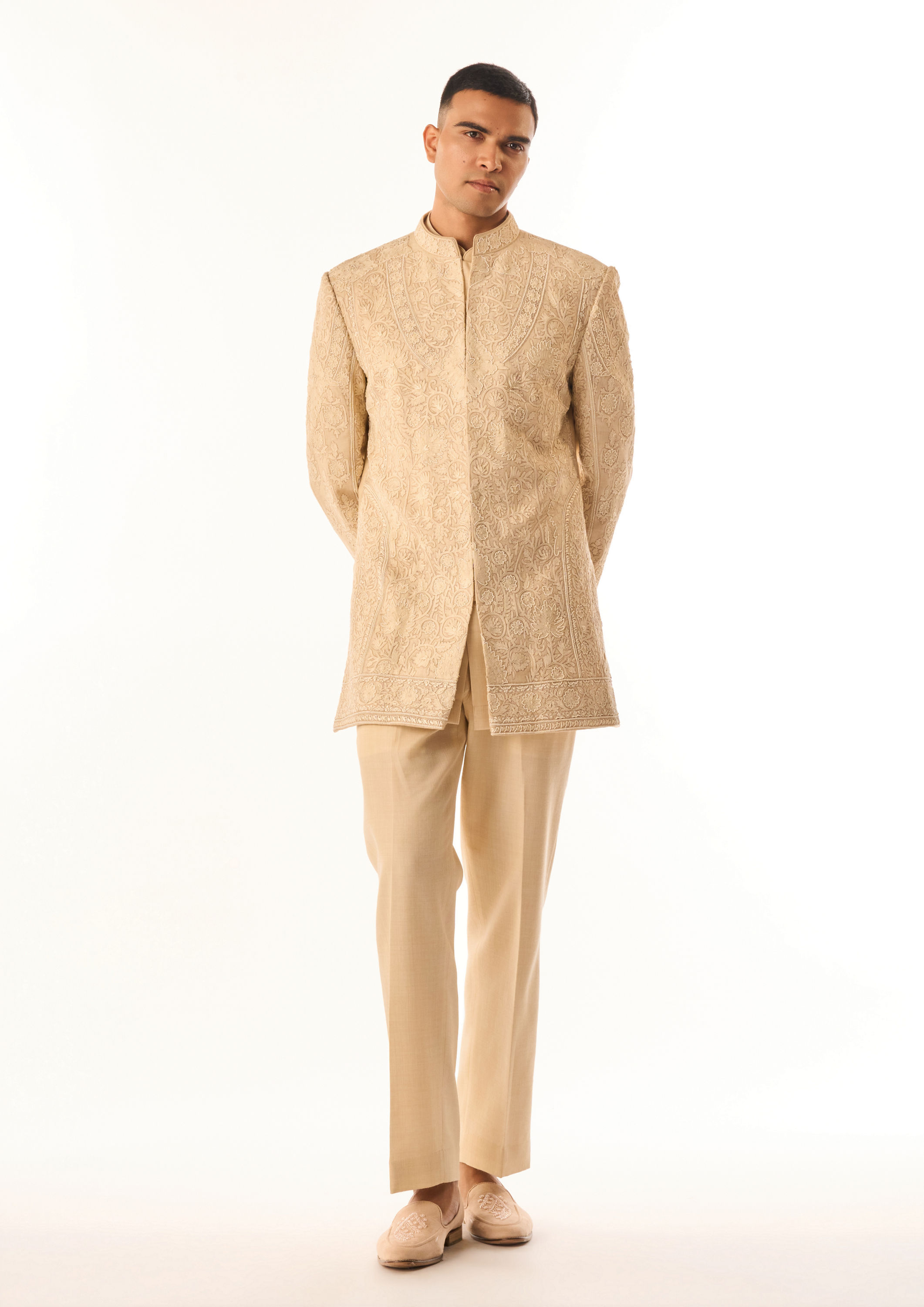Twamev Men Beige Art Silk Indo Western Kurta with Embroidery