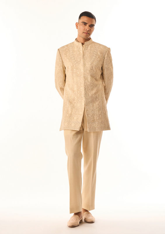 Twamev Men Beige Art Silk Indo Western Kurta with Embroidery