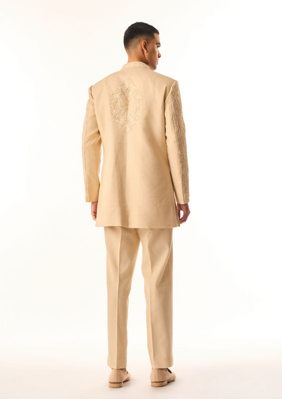Twamev Men Beige Art Silk Indo Western Kurta with Embroidery