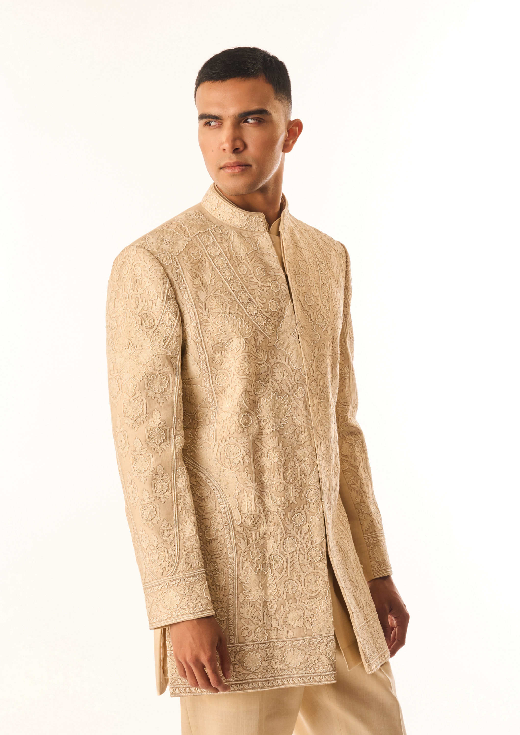 Twamev Men Beige Art Silk Indo Western Kurta with Embroidery