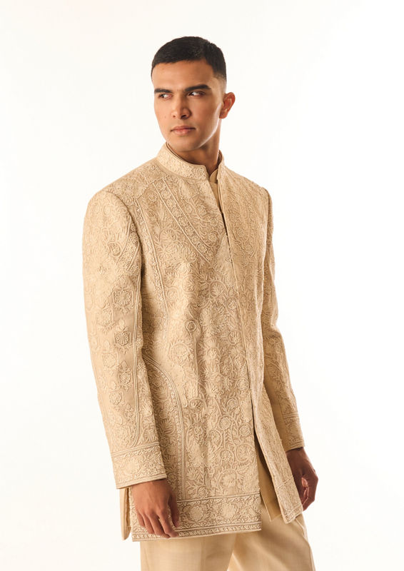 Twamev Men Beige Art Silk Indo Western Kurta with Embroidery
