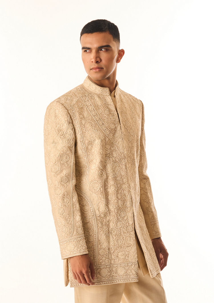 Twamev Men Beige Art Silk Indo Western Kurta with Embroidery