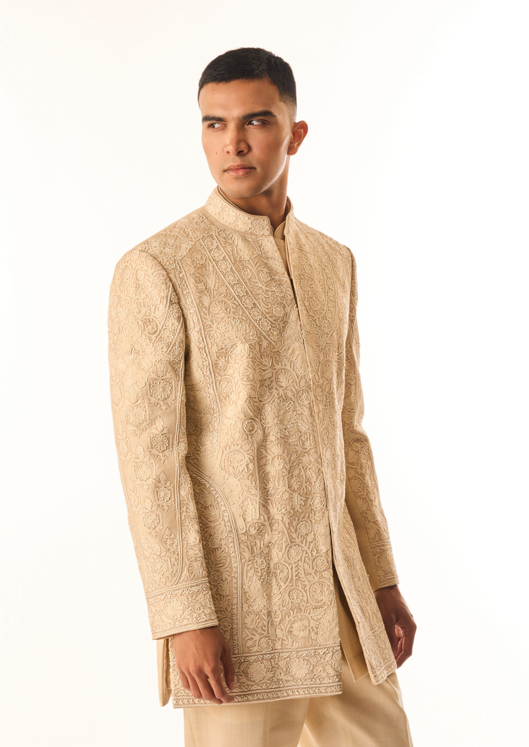 Twamev Men Beige Art Silk Indo Western Kurta with Embroidery